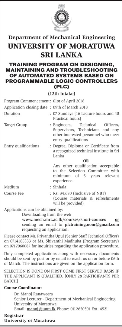 Training Program on Designing, Maintaining & Troubleshooting of Automated Systems Based on Programmable Logic Controllers (PLC) - Department of Mechanical Engineering - University of Moratuwa